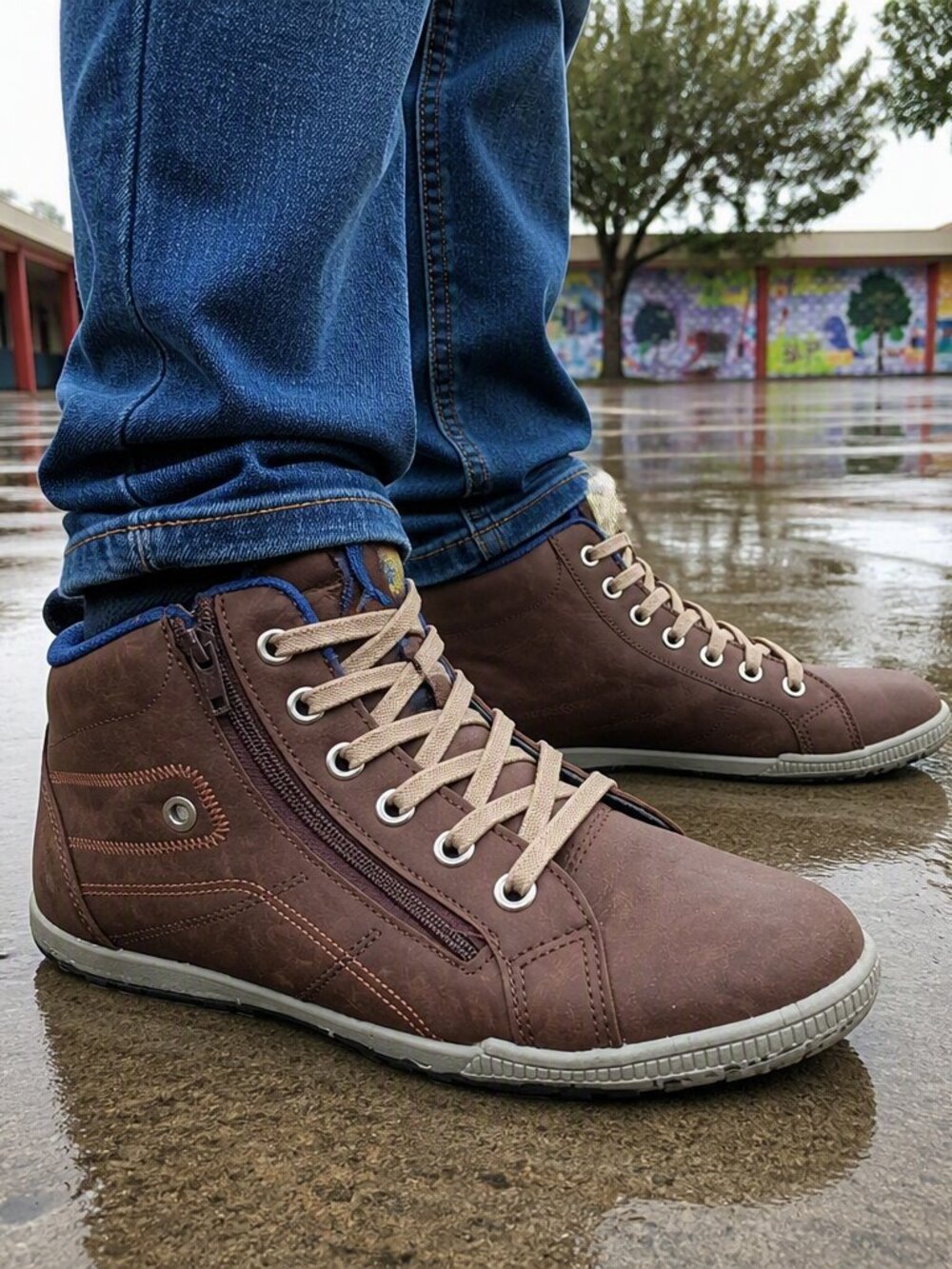 Boy's Brown Casual High-Top Sneakers Lace Up Boots with Anti-fatigue sole